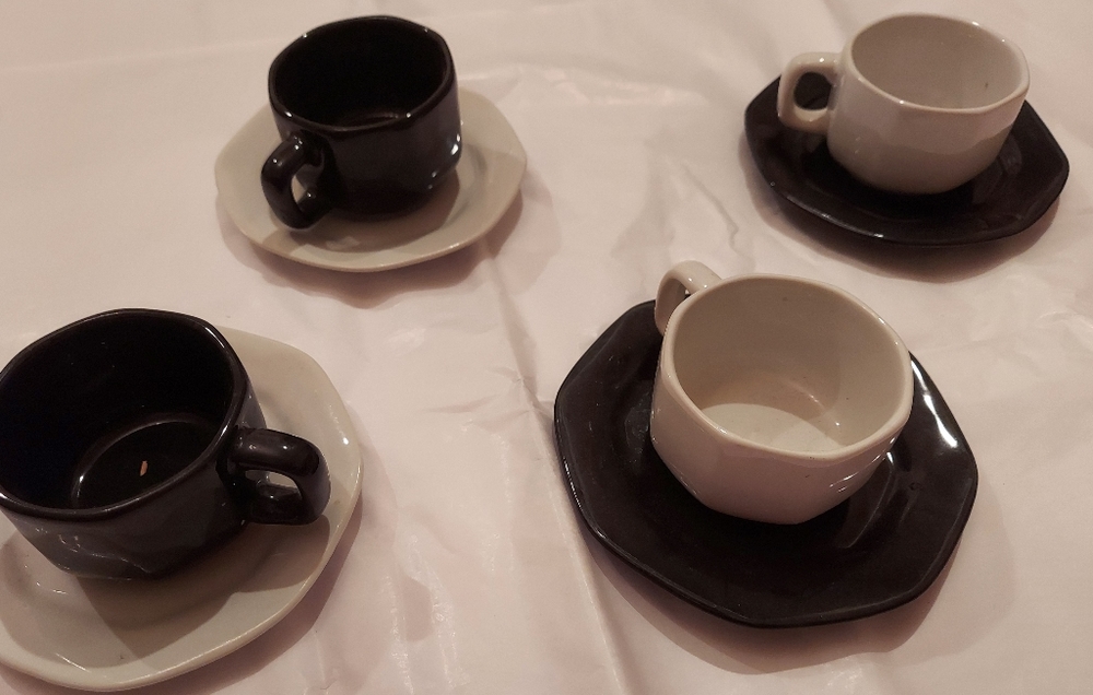 Set of 4, Black and White Mini Tea Cups + Saucers